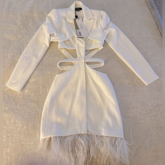 PATBO Feather Trim Cut-Out Mini Dress. White. Brand New! Sold Out Everywhere. - Picture 8 of 10